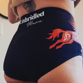 Mama wearing black underwear with 'Unbridled Mama' text and red horse design.